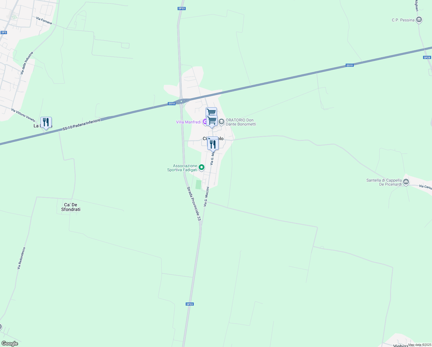 map of restaurants, bars, coffee shops, grocery stores, and more near 59 Via Europa in Provincia di Cremona