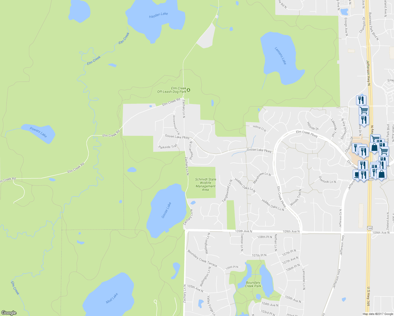 map of restaurants, bars, coffee shops, grocery stores, and more near 11351 Hillcrest Dr N in Champlin