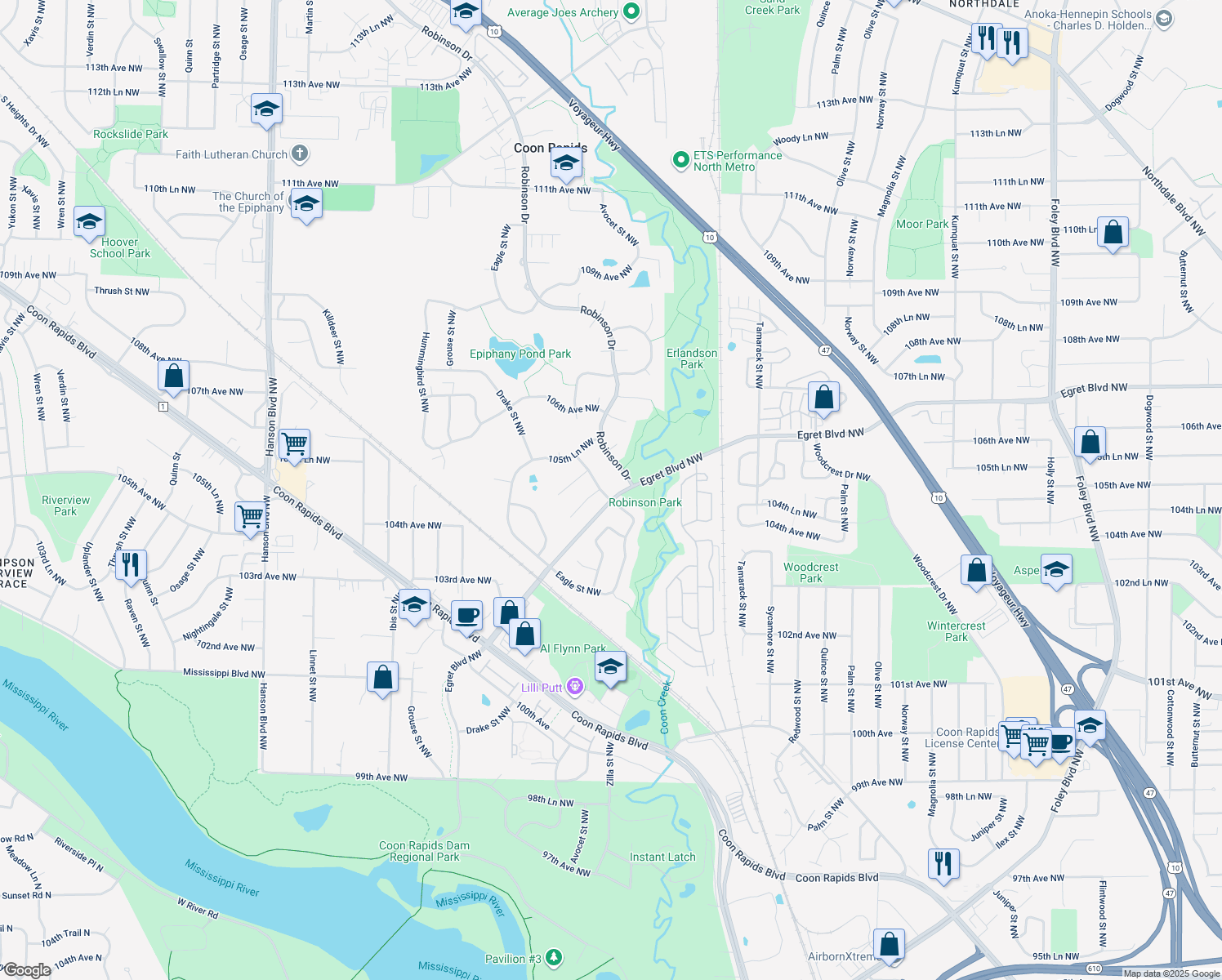 map of restaurants, bars, coffee shops, grocery stores, and more near 10441 Avocet Street Northwest in Coon Rapids