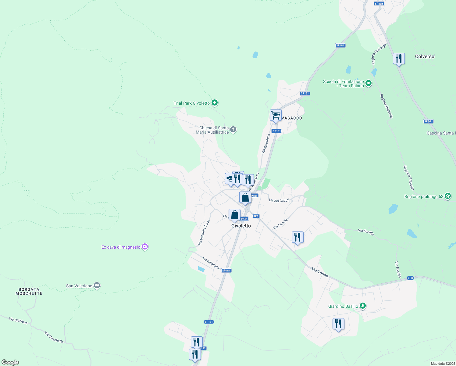 map of restaurants, bars, coffee shops, grocery stores, and more near 12 Via Santa Maria in Givoletto