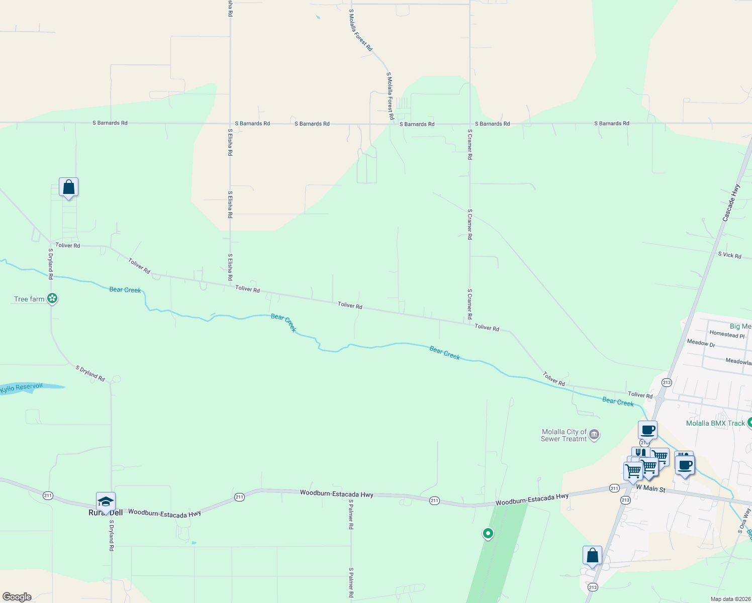 map of restaurants, bars, coffee shops, grocery stores, and more near 11528 Toliver Road in Molalla