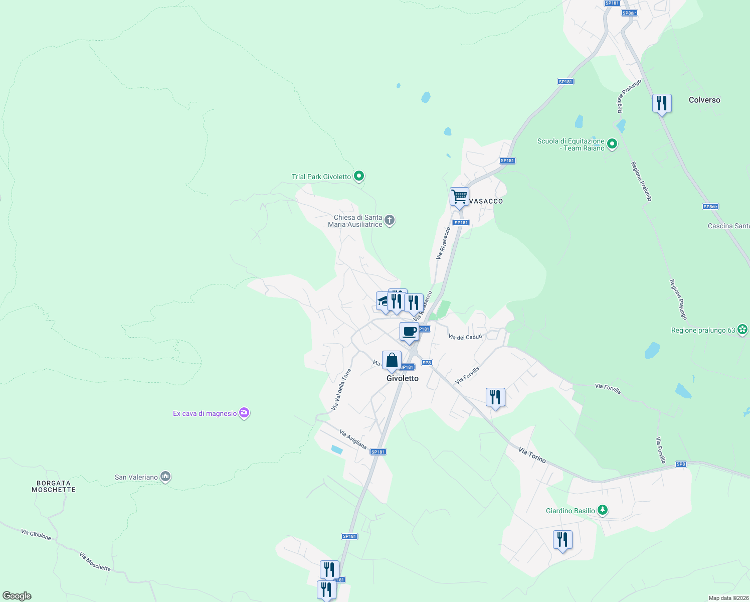 map of restaurants, bars, coffee shops, grocery stores, and more near 12 Via Santa Maria in Givoletto
