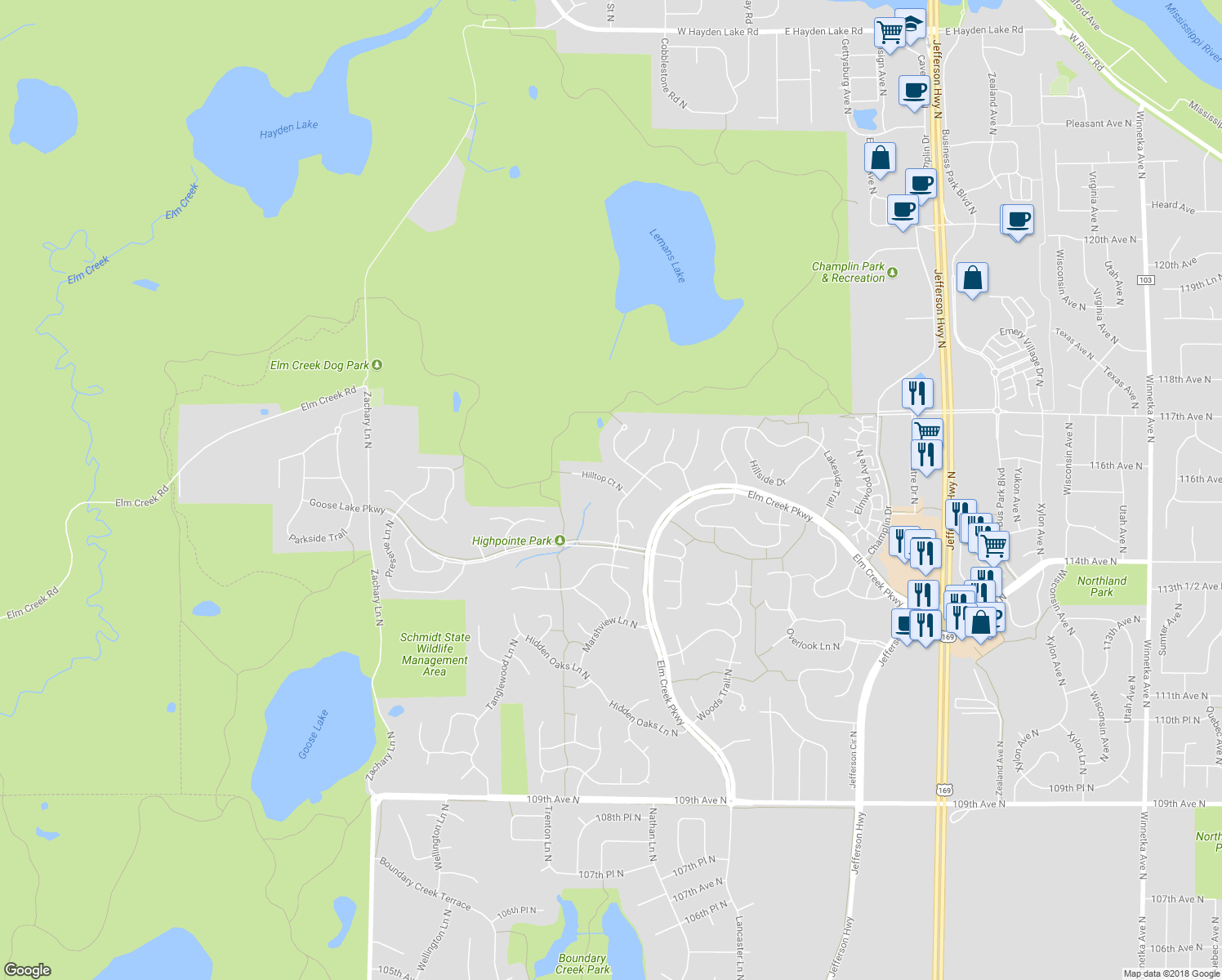 map of restaurants, bars, coffee shops, grocery stores, and more near 10139 Hilltop Court North in Champlin