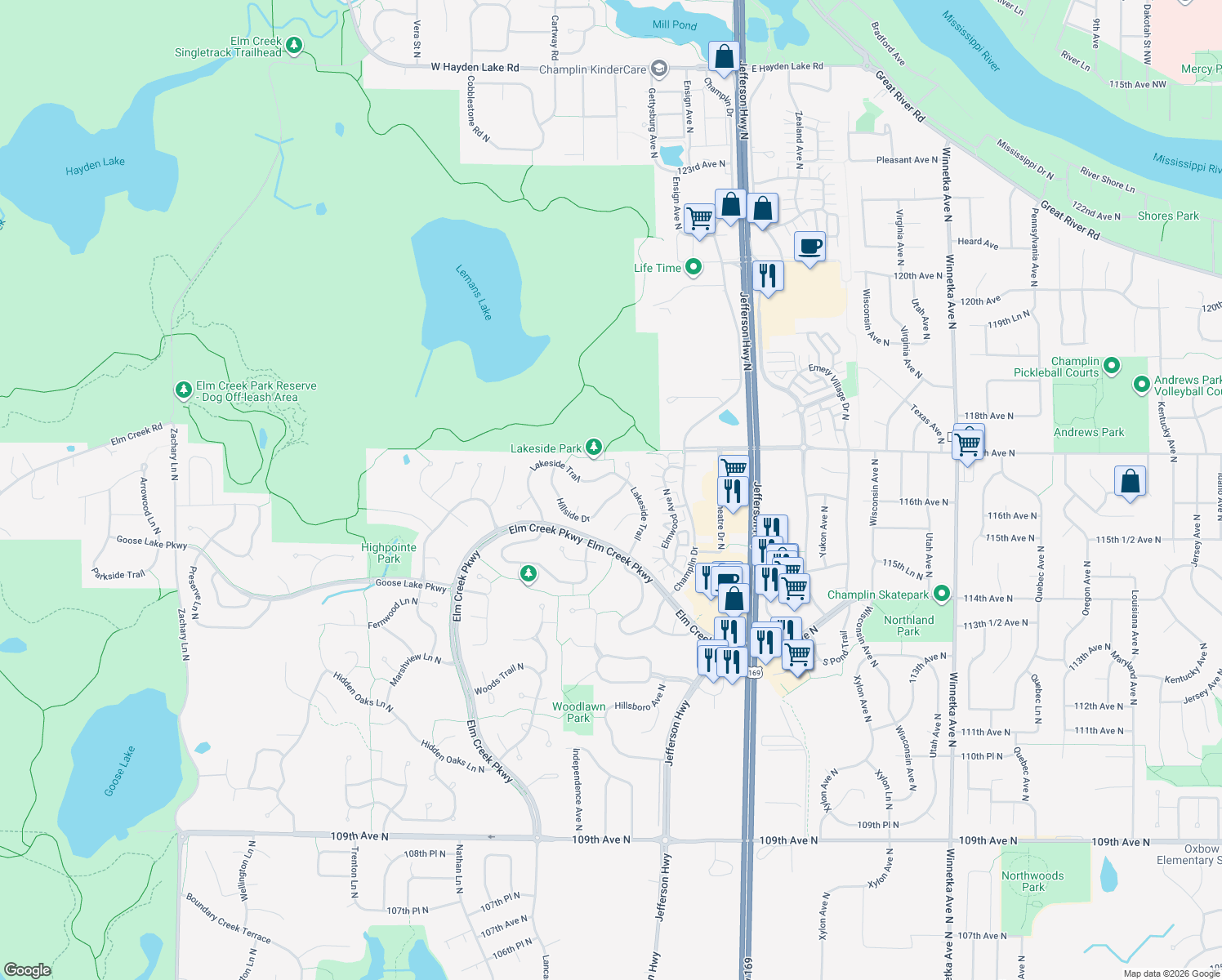 map of restaurants, bars, coffee shops, grocery stores, and more near 9312 Hillside Dr N in Champlin
