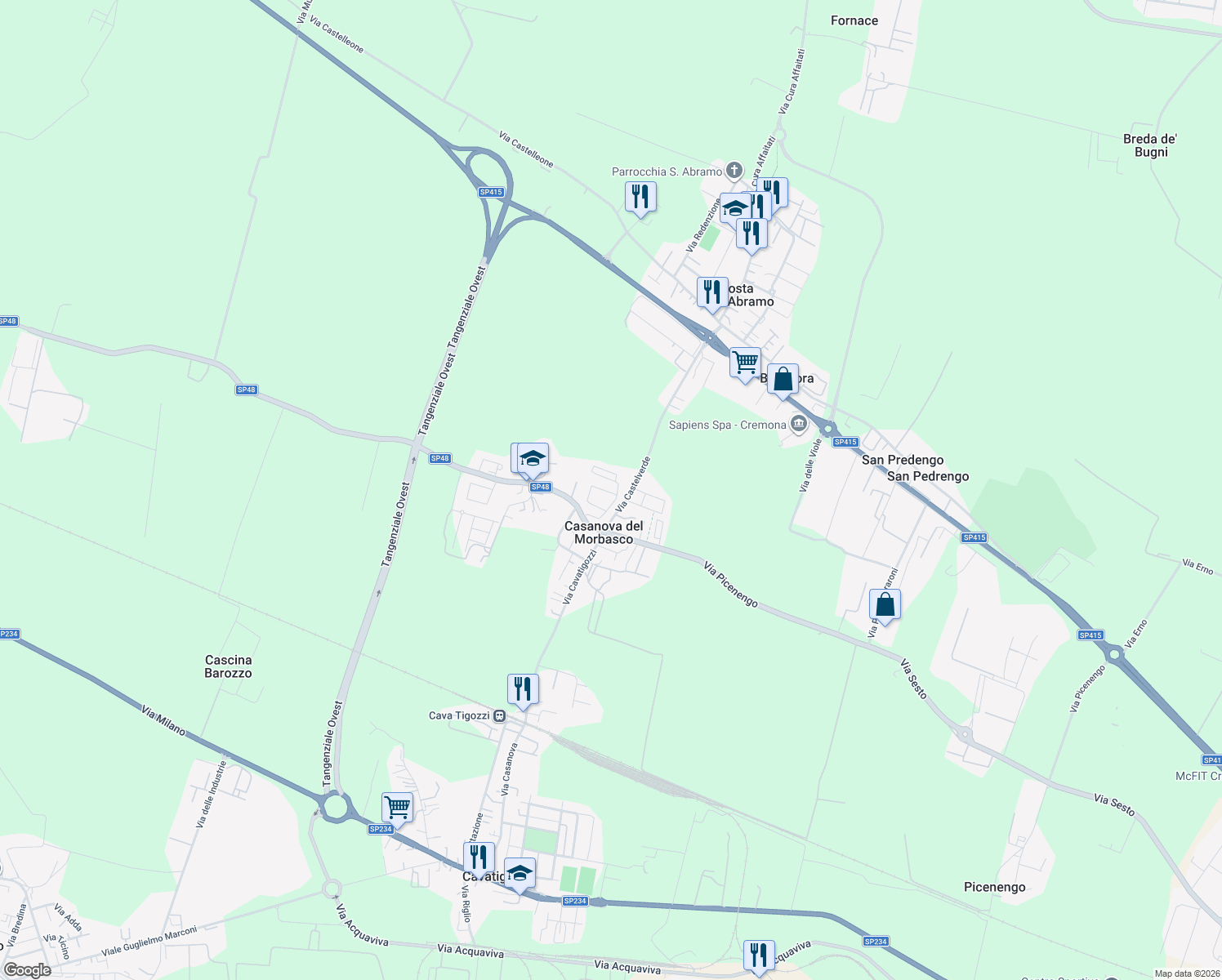 map of restaurants, bars, coffee shops, grocery stores, and more near 10f Via Ticino in Casanova del Morbasco
