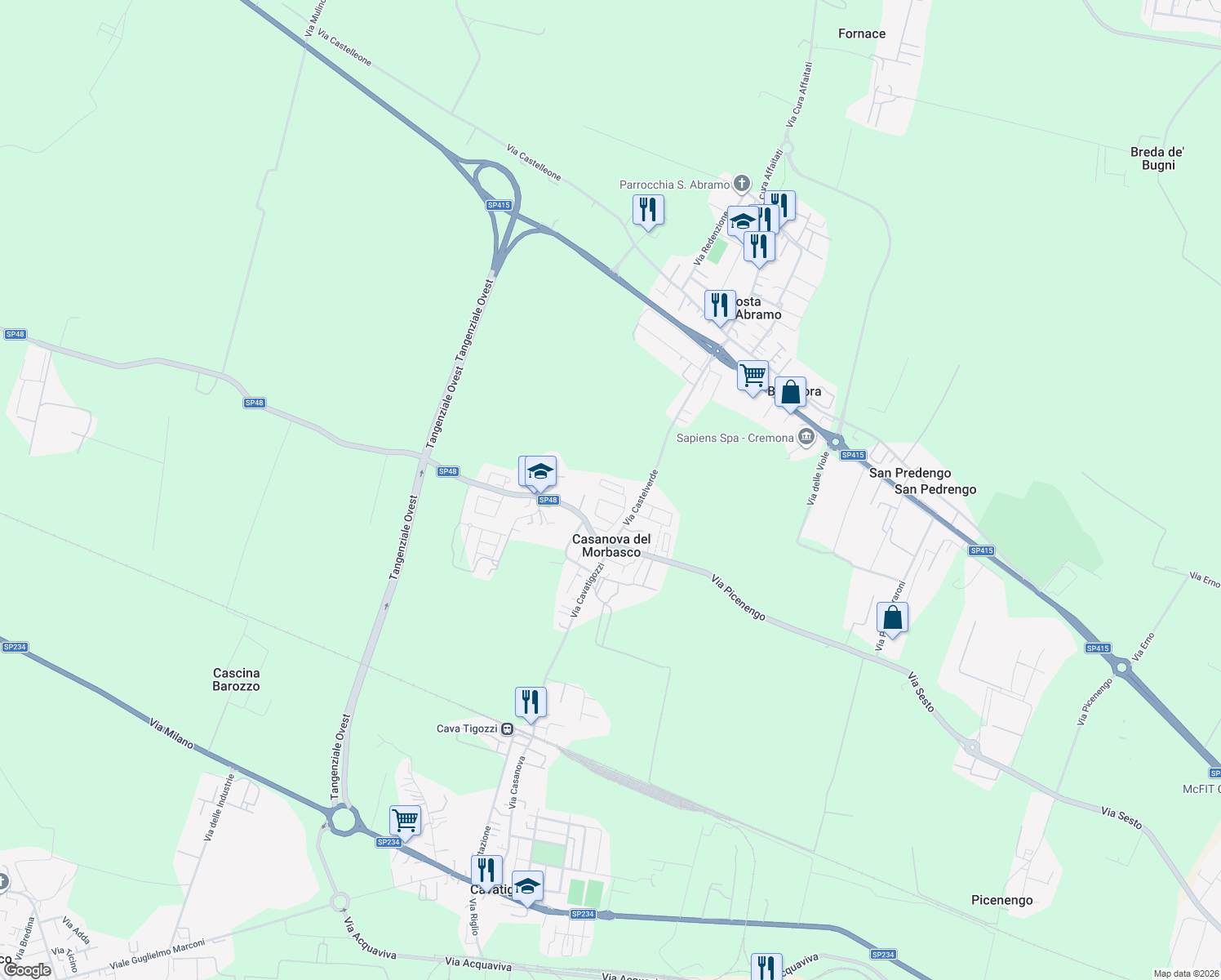 map of restaurants, bars, coffee shops, grocery stores, and more near 10f Via Ticino in Casanova del Morbasco