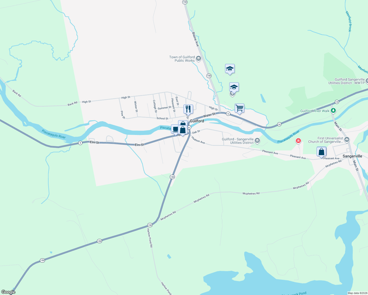 map of restaurants, bars, coffee shops, grocery stores, and more near 26 South Main Street in Guilford