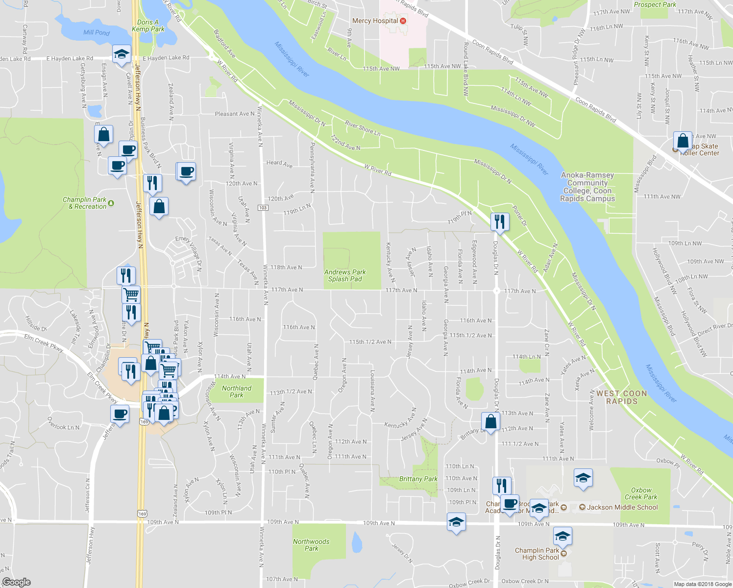 map of restaurants, bars, coffee shops, grocery stores, and more near 11646 Maryland Lane in Champlin