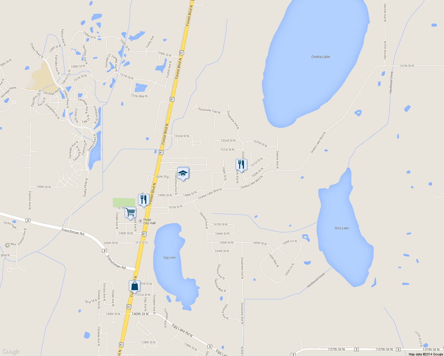 map of restaurants, bars, coffee shops, grocery stores, and more near 6109 150th St N in Hugo