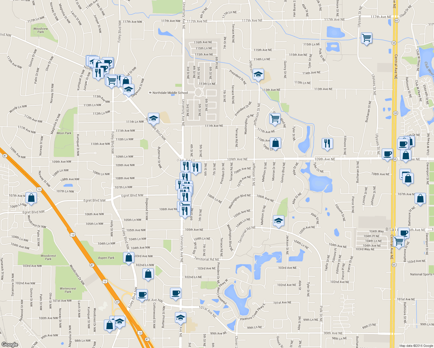 map of restaurants, bars, coffee shops, grocery stores, and more near 10797 7th Street Northeast in Blaine