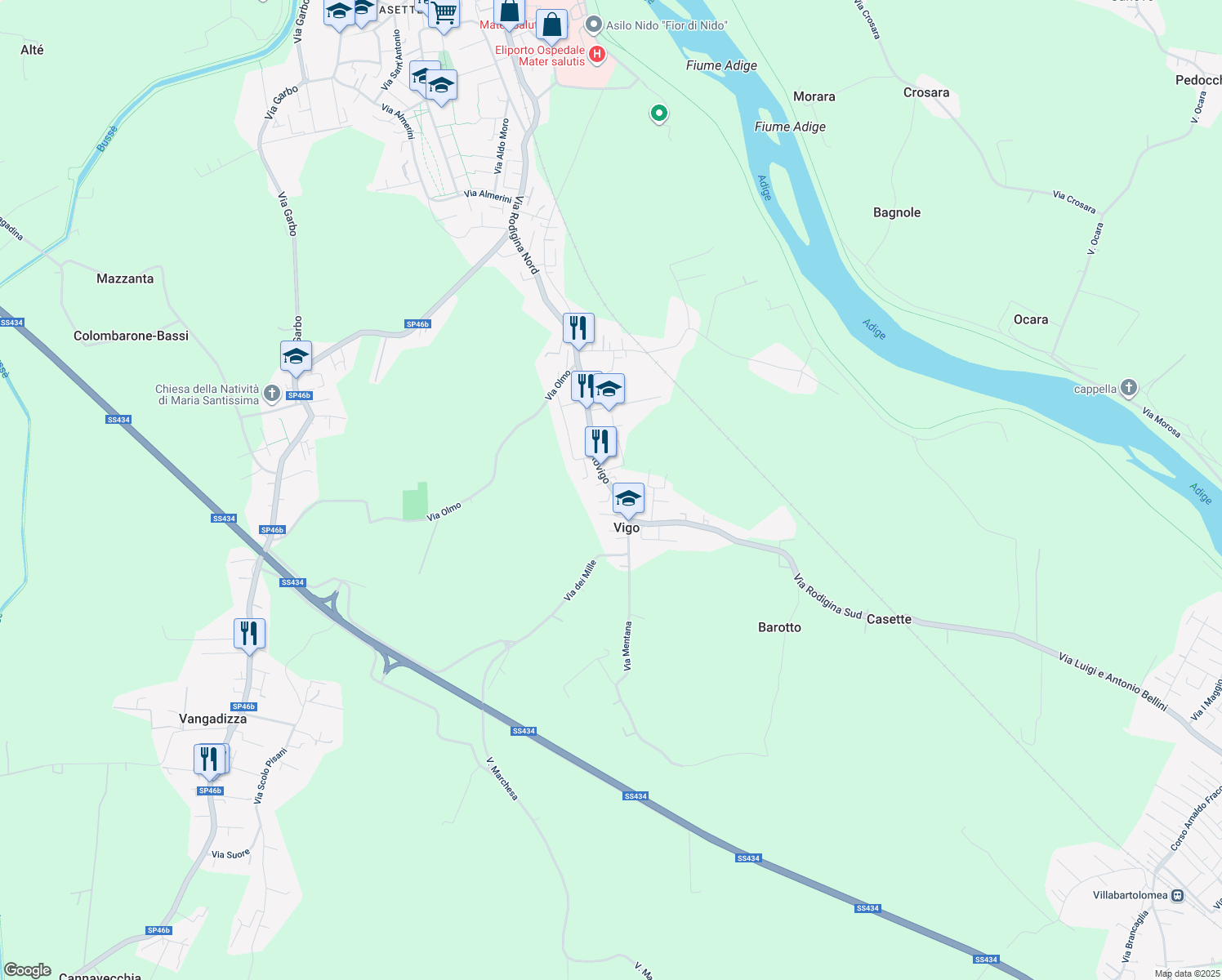 map of restaurants, bars, coffee shops, grocery stores, and more near 74 Via Rovigo in Legnago