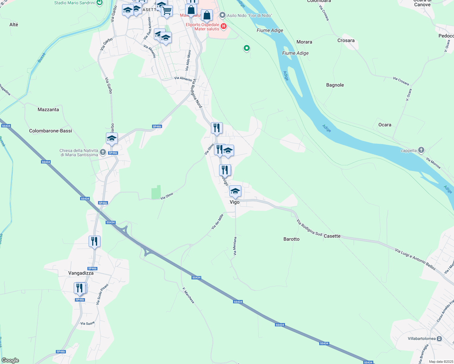 map of restaurants, bars, coffee shops, grocery stores, and more near 74 Via Rovigo in Legnago