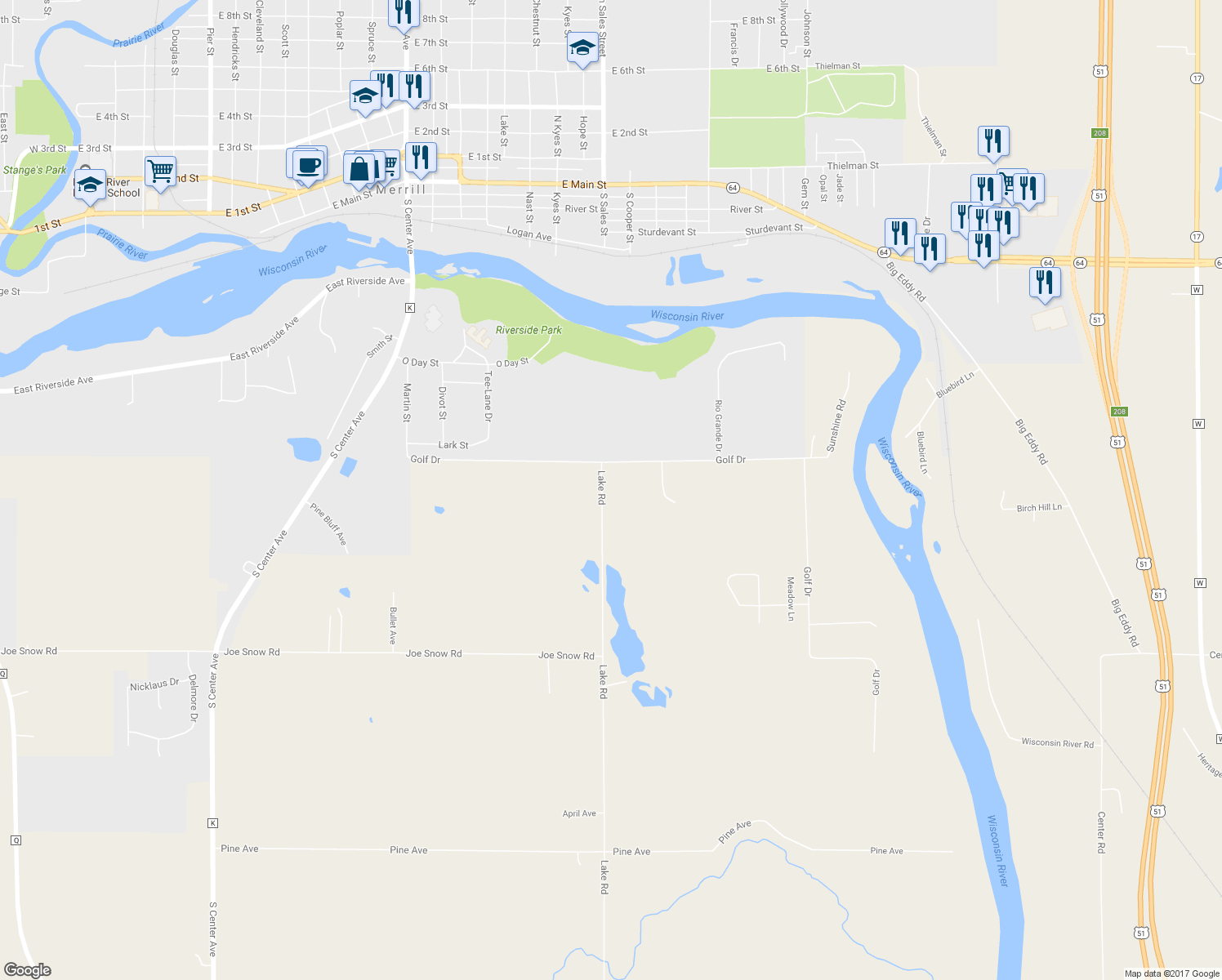 map of restaurants, bars, coffee shops, grocery stores, and more near N1474 Lake Road in Merrill