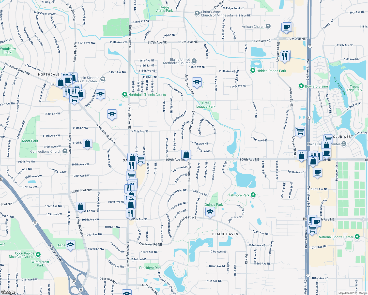 map of restaurants, bars, coffee shops, grocery stores, and more near 10953 Washington Street Northeast in Blaine