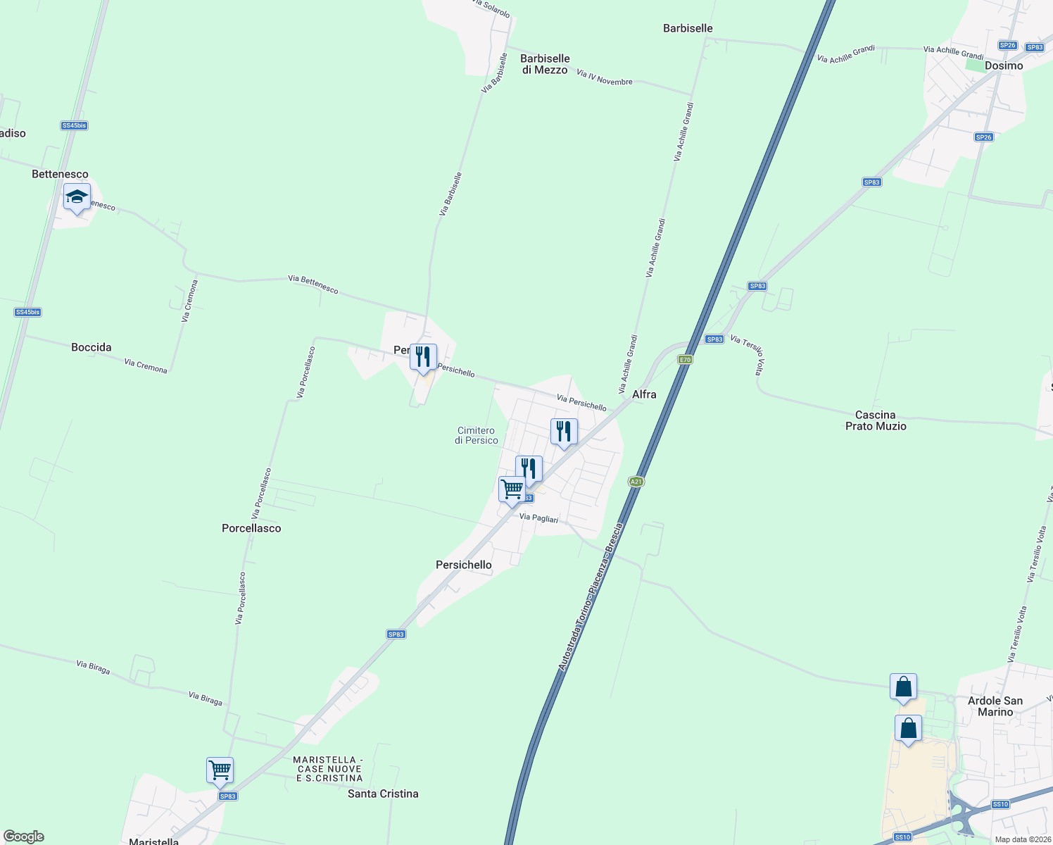 map of restaurants, bars, coffee shops, grocery stores, and more near 14 Via A. Ghisleri in Persichello