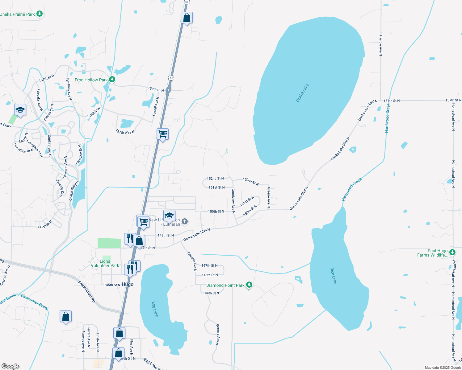 map of restaurants, bars, coffee shops, grocery stores, and more near 6294 151st Street North in Hugo