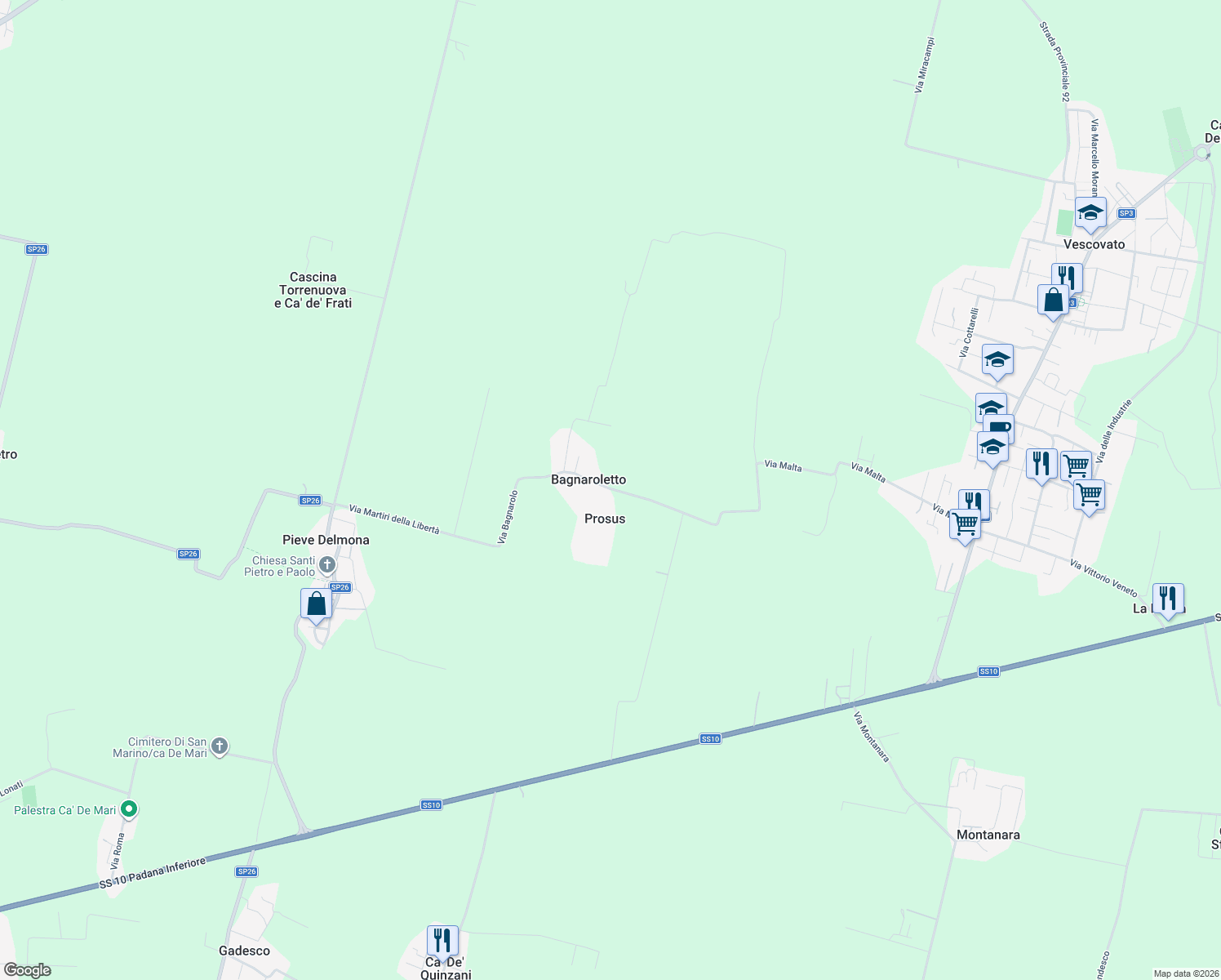 map of restaurants, bars, coffee shops, grocery stores, and more near 50 Via Malta in Prosus