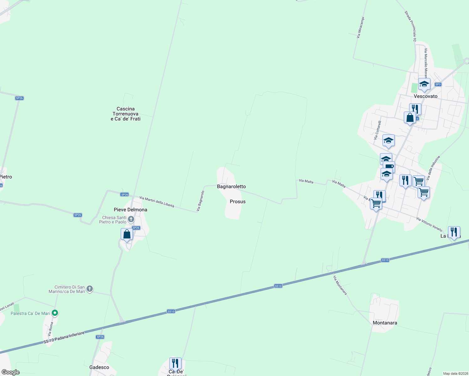 map of restaurants, bars, coffee shops, grocery stores, and more near 50 Via Malta in Prosus