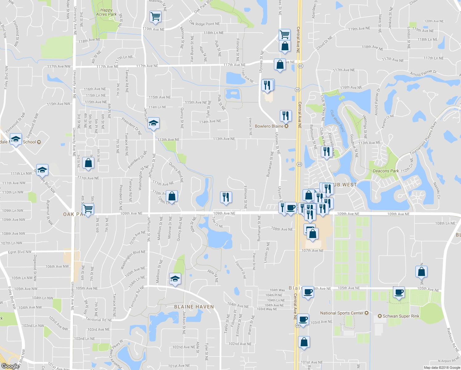 map of restaurants, bars, coffee shops, grocery stores, and more near 1019 111th Avenue Northeast in Blaine