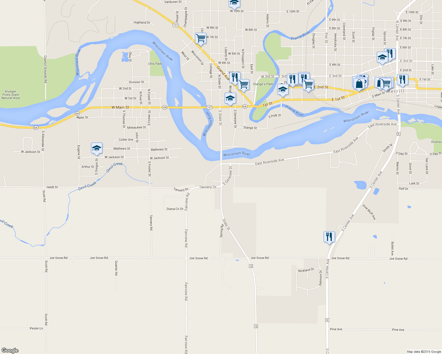 map of restaurants, bars, coffee shops, grocery stores, and more near 810 South State Street in Merrill