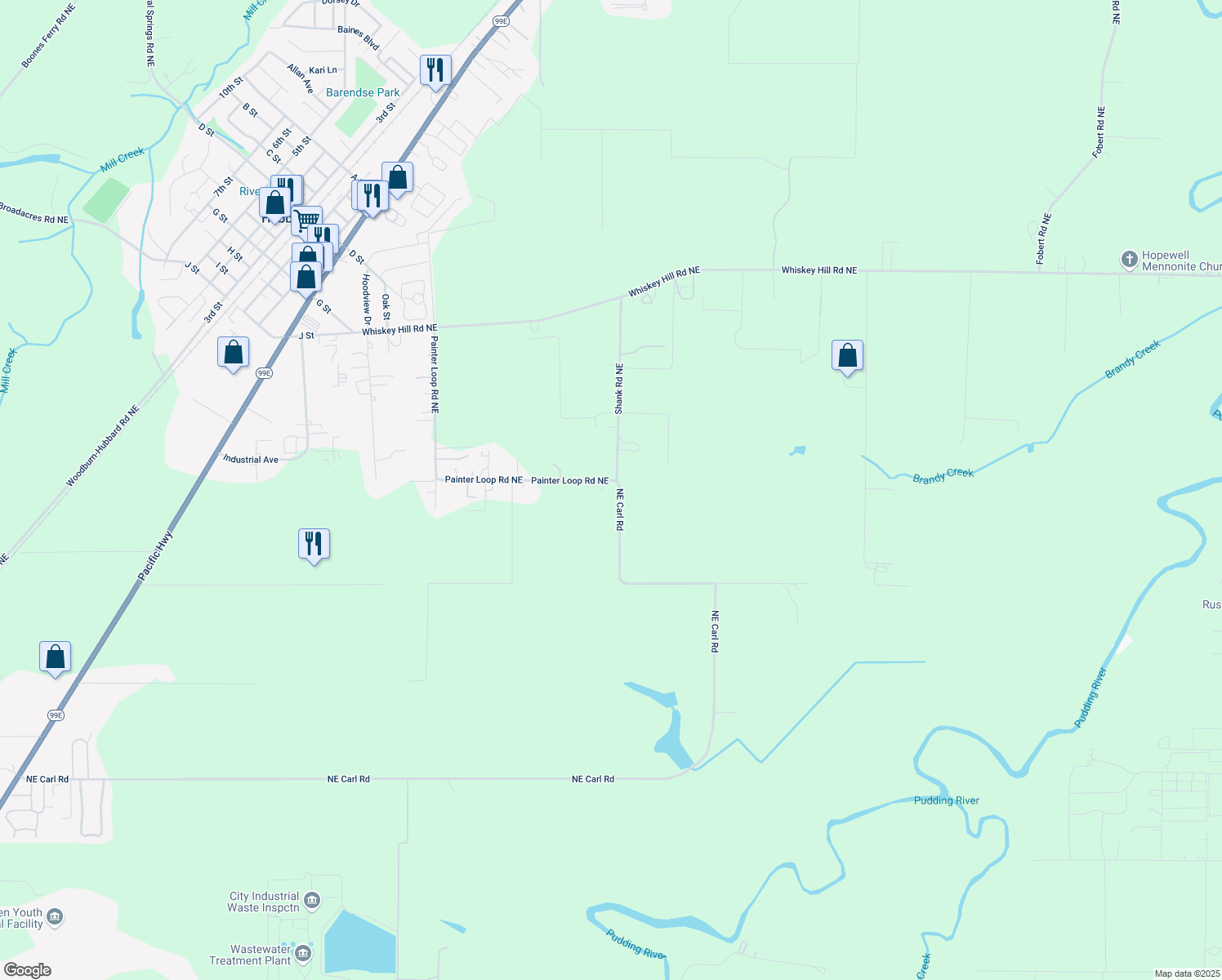map of restaurants, bars, coffee shops, grocery stores, and more near 17505 Painter Loop Rd NE in Hubbard