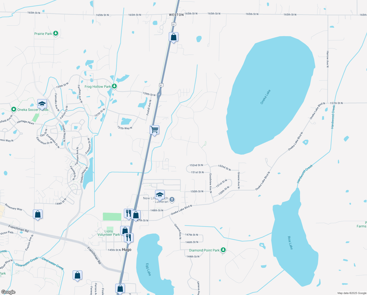 map of restaurants, bars, coffee shops, grocery stores, and more near 6105 Goodview Trail Court North in Hugo
