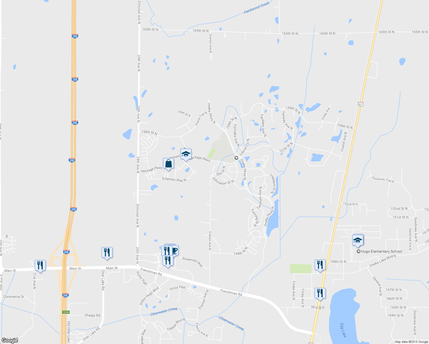 map of restaurants, bars, coffee shops, grocery stores, and more near 4818 Education Drive North in Hugo