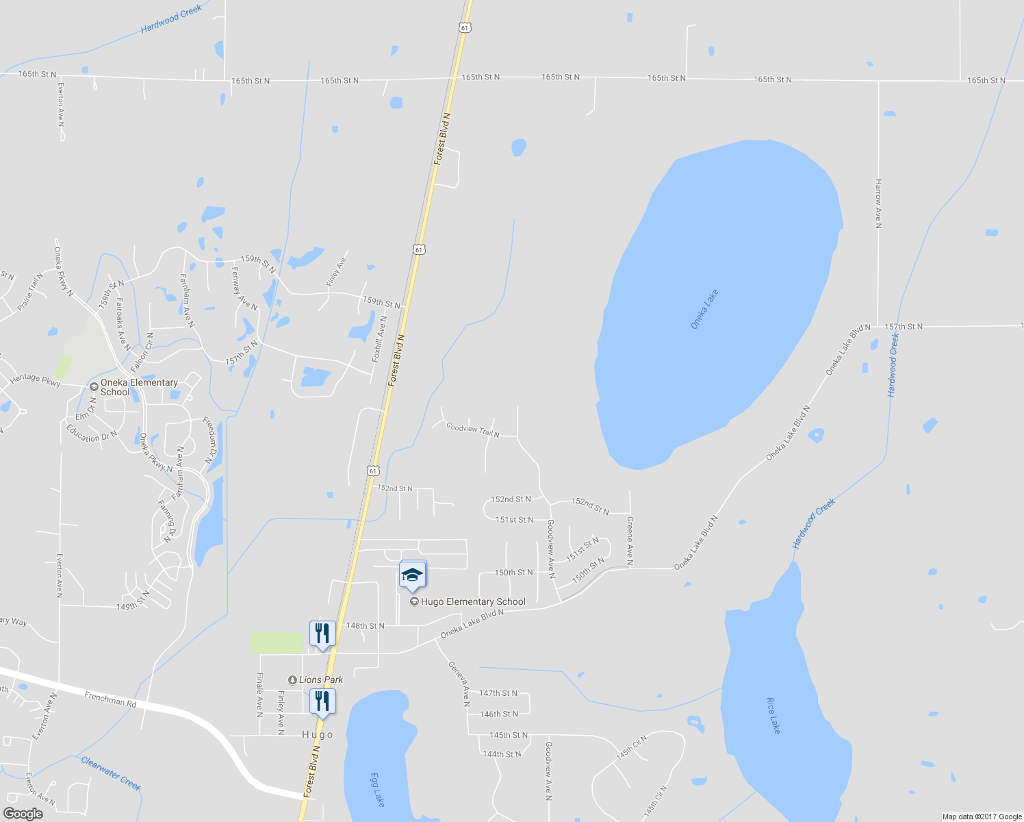 map of restaurants, bars, coffee shops, grocery stores, and more near 15490 Goodview Avenue North in Hugo