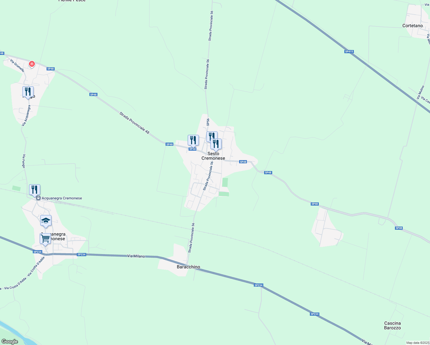 map of restaurants, bars, coffee shops, grocery stores, and more near 37 Viale Giacomo Matteotti in Sesto Cremonese