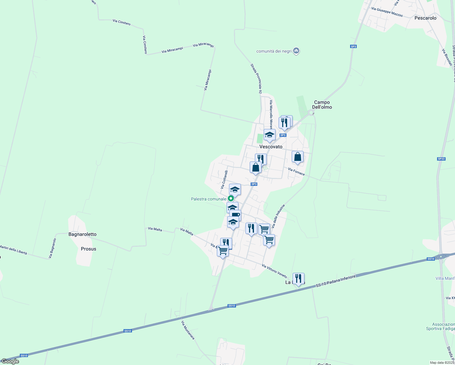 map of restaurants, bars, coffee shops, grocery stores, and more near 30 Via Giacomo Reboani in Vescovato
