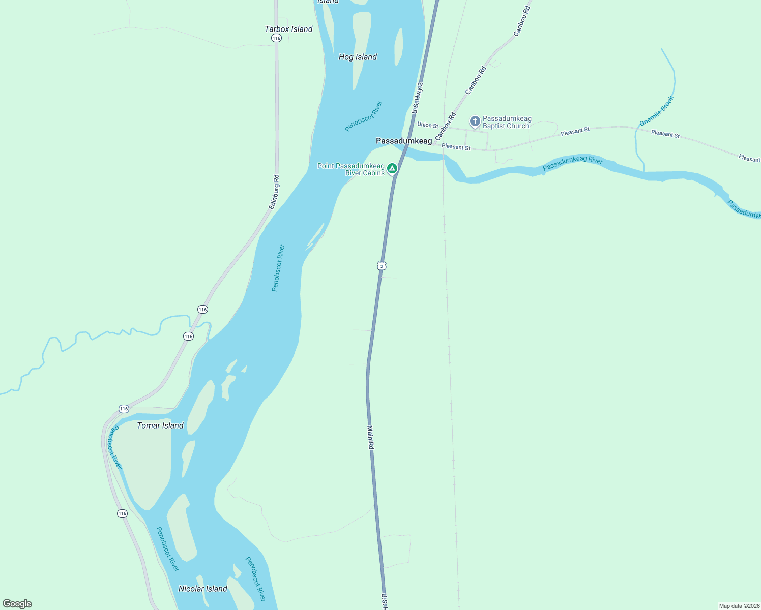 map of restaurants, bars, coffee shops, grocery stores, and more near 293 Main Road in Passadumkeag