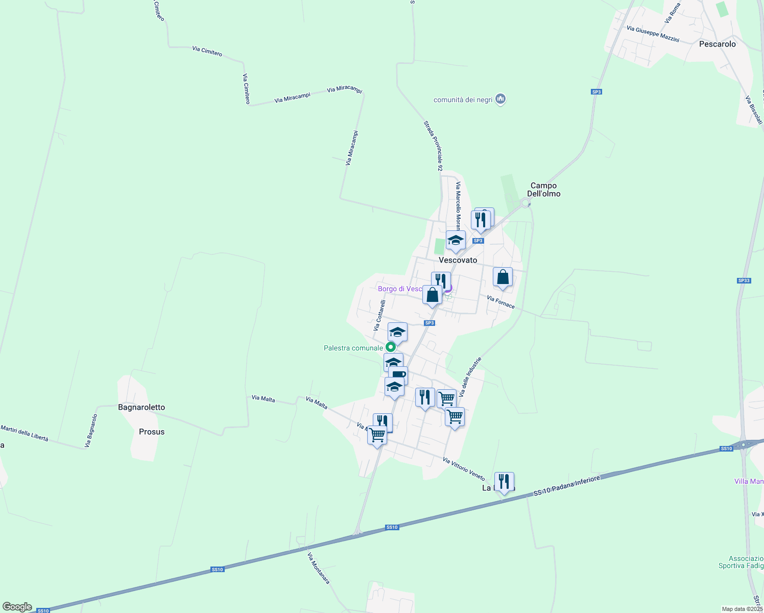 map of restaurants, bars, coffee shops, grocery stores, and more near 30 Via Giacomo Reboani in Vescovato