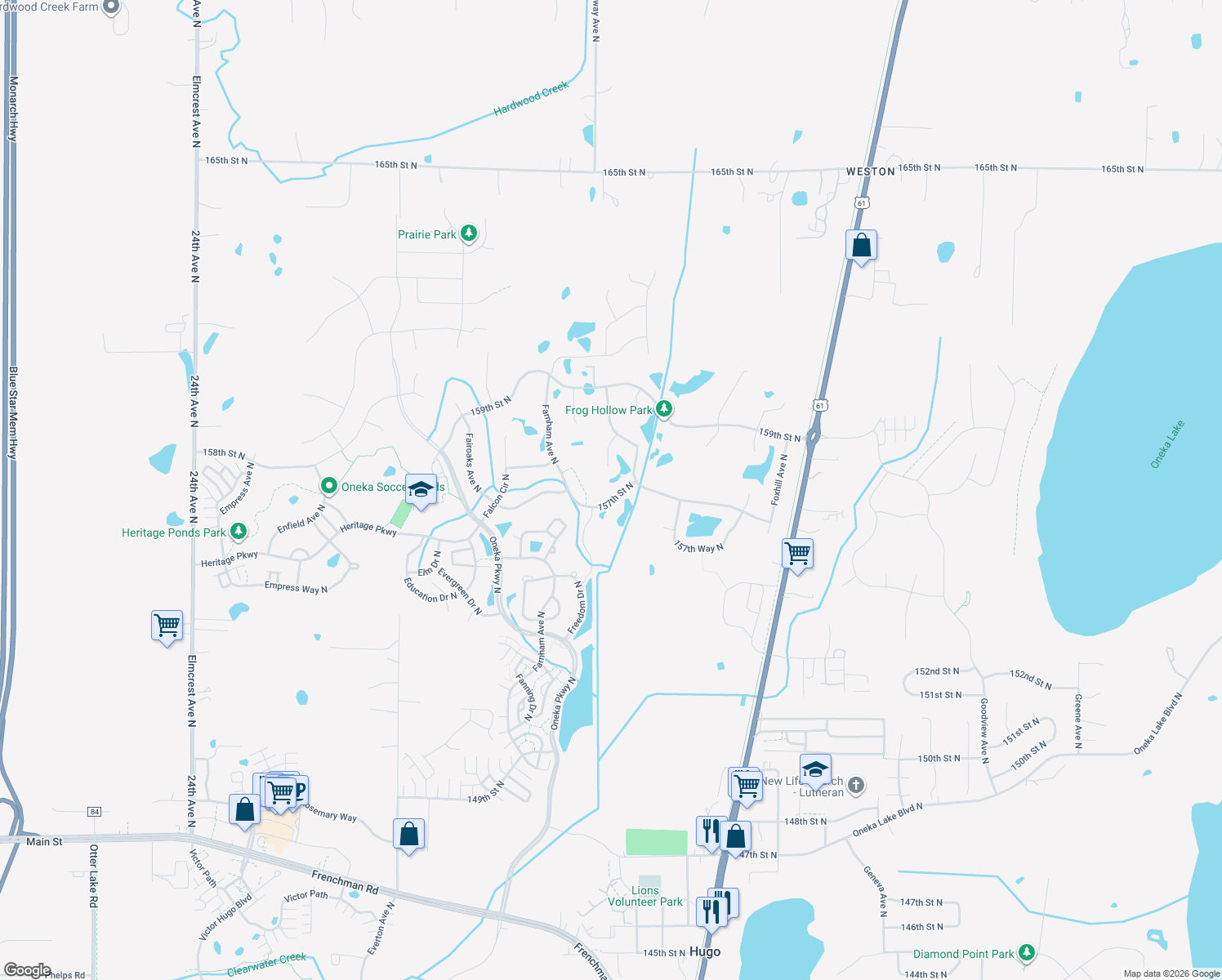 map of restaurants, bars, coffee shops, grocery stores, and more near 5350 157th Street North in Hugo
