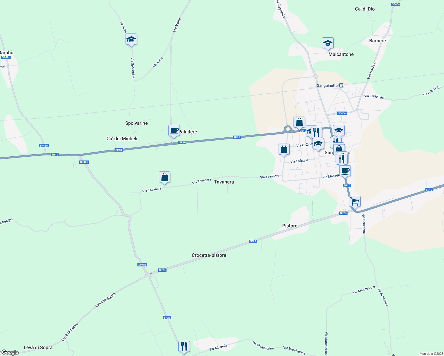 map of restaurants, bars, coffee shops, grocery stores, and more near 25 Via Tavanara in Tavanara