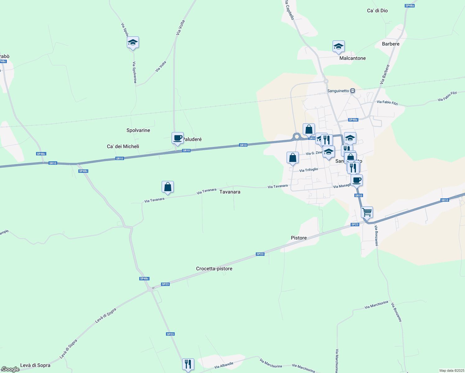 map of restaurants, bars, coffee shops, grocery stores, and more near 25 Via Tavanara in Tavanara