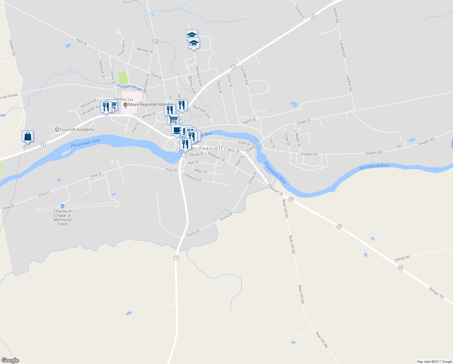 map of restaurants, bars, coffee shops, grocery stores, and more near 172 Lawrence Street in Dover-Foxcroft