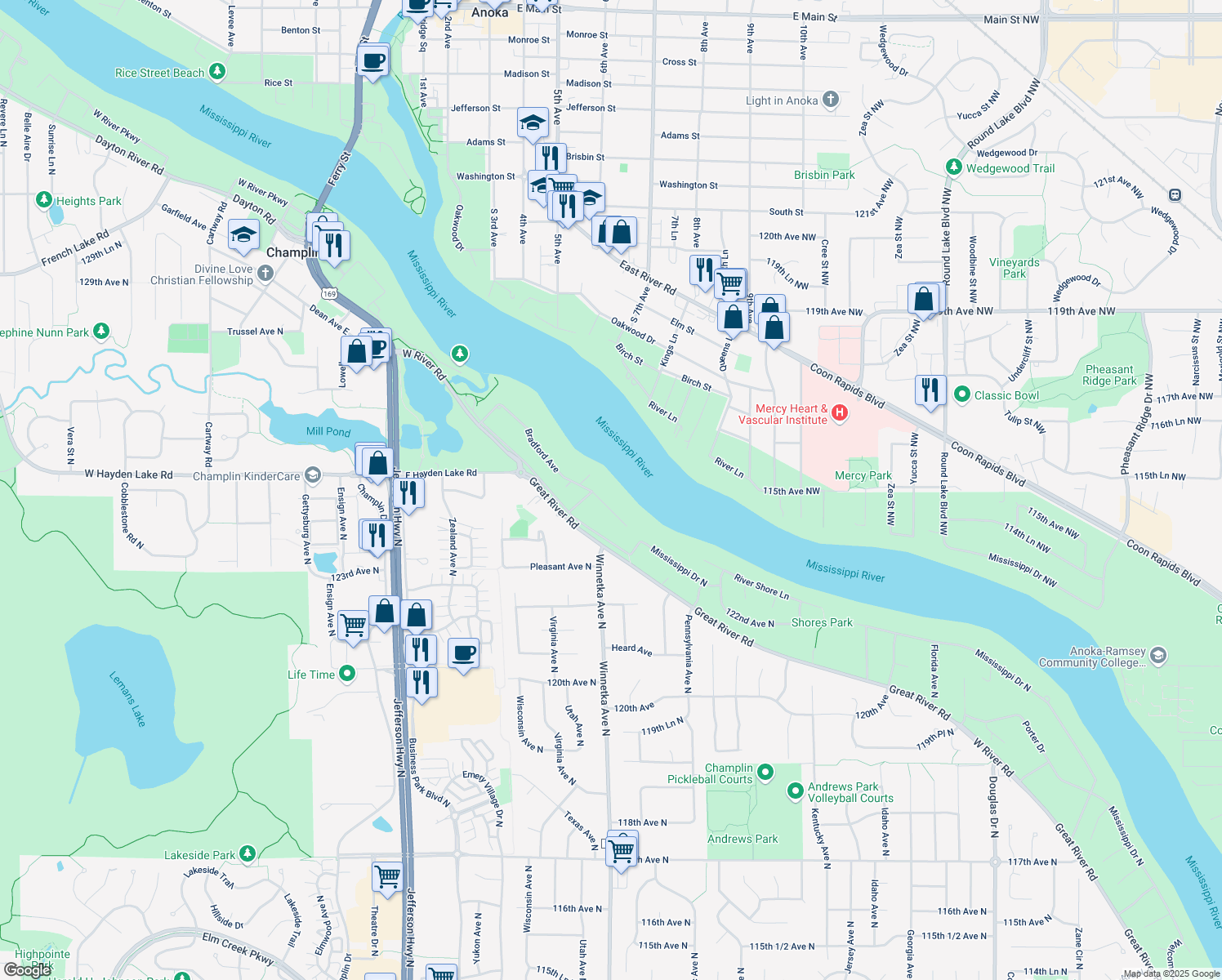 map of restaurants, bars, coffee shops, grocery stores, and more near 909 Bradford Avenue in Champlin