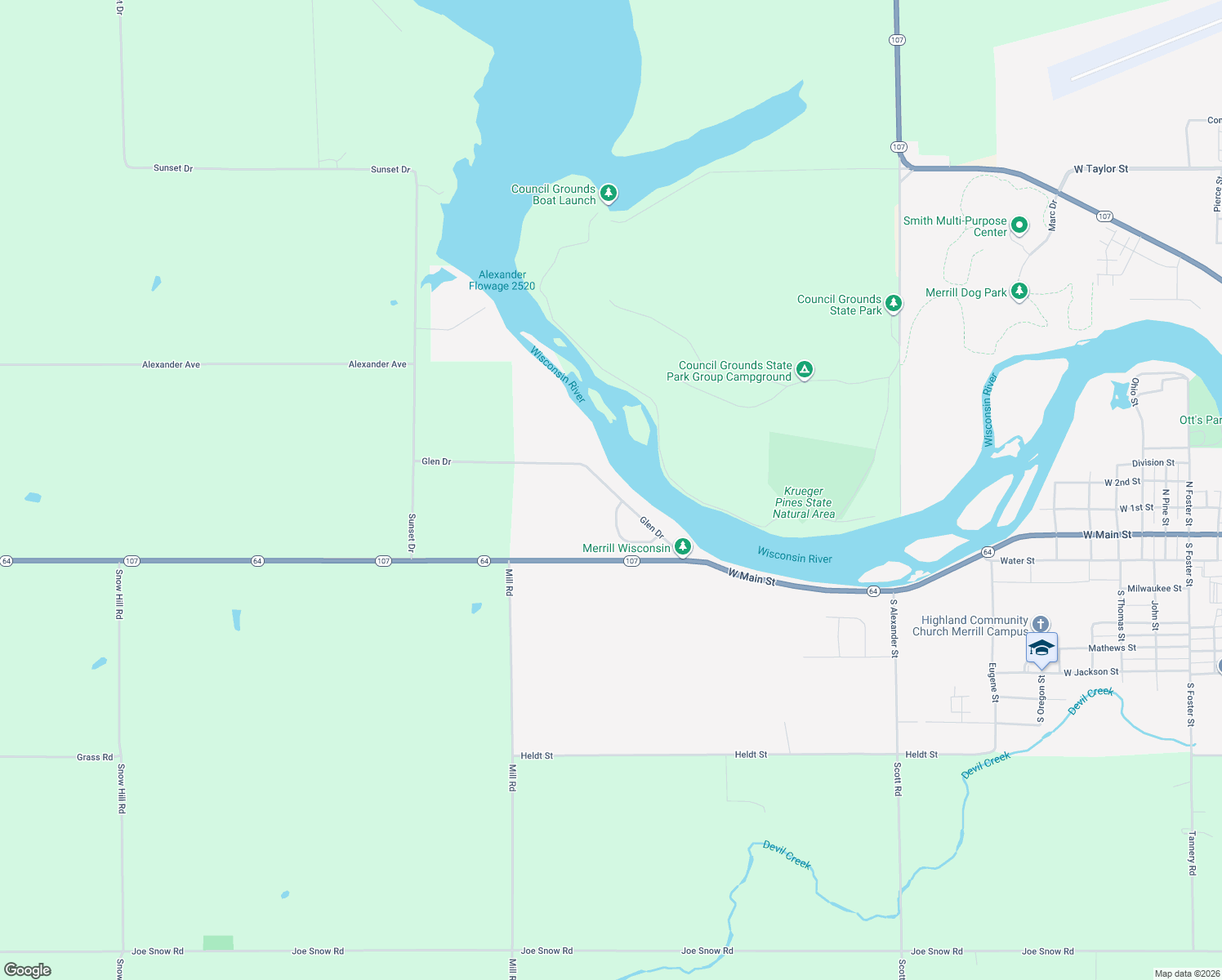 map of restaurants, bars, coffee shops, grocery stores, and more near 2706 Glen Drive in Merrill
