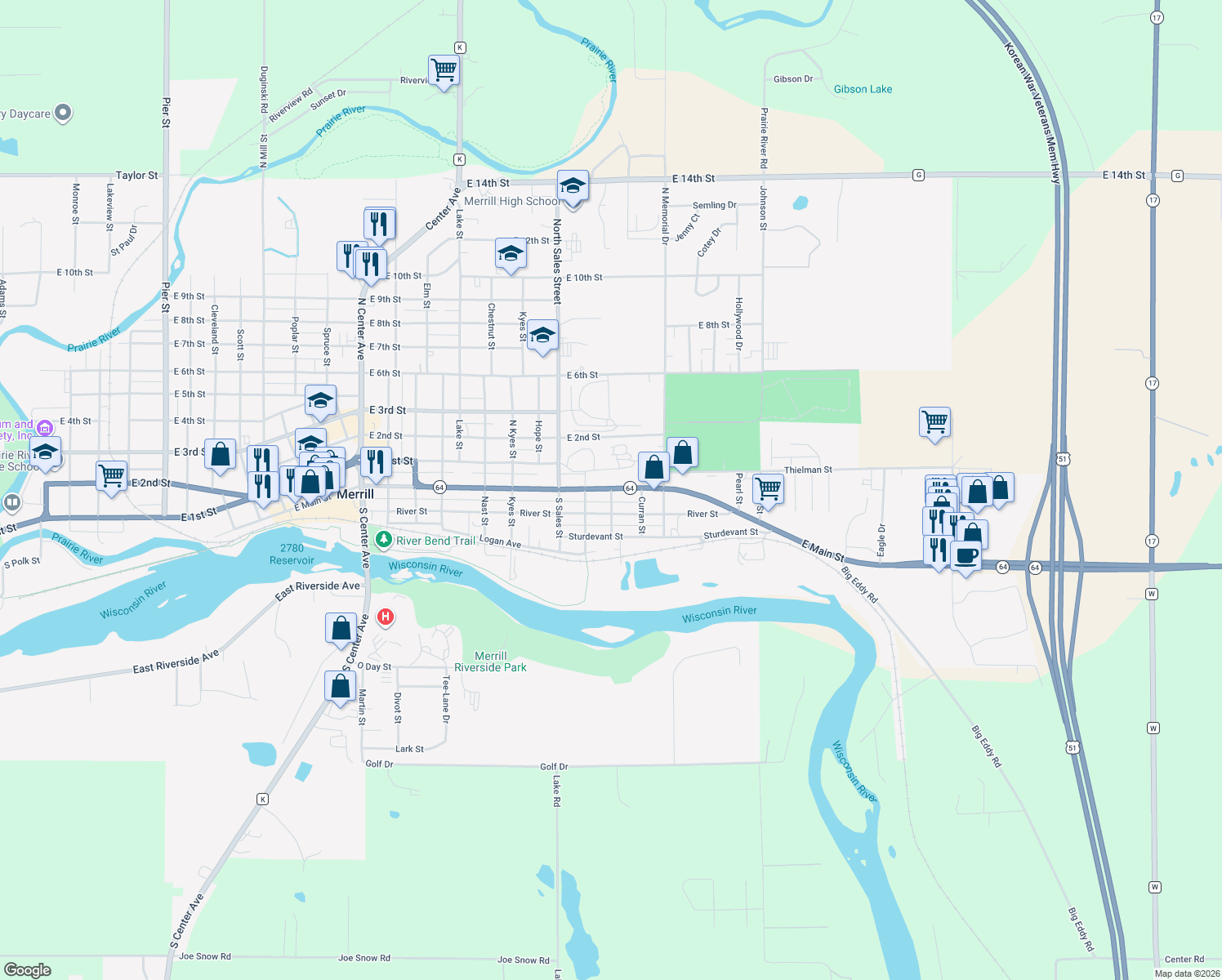 map of restaurants, bars, coffee shops, grocery stores, and more near 2200 E Main St in Merrill