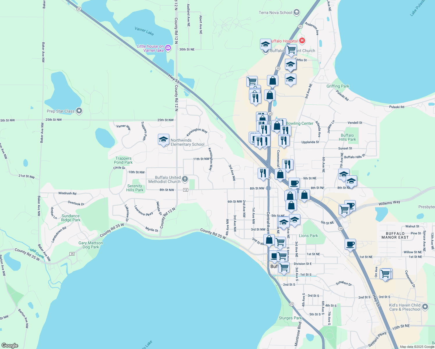 map of restaurants, bars, coffee shops, grocery stores, and more near 904 Hazelwood Circle in Buffalo