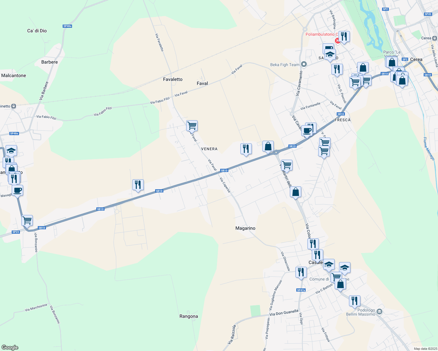 map of restaurants, bars, coffee shops, grocery stores, and more near 122 Via Capersa in Sanguinetto