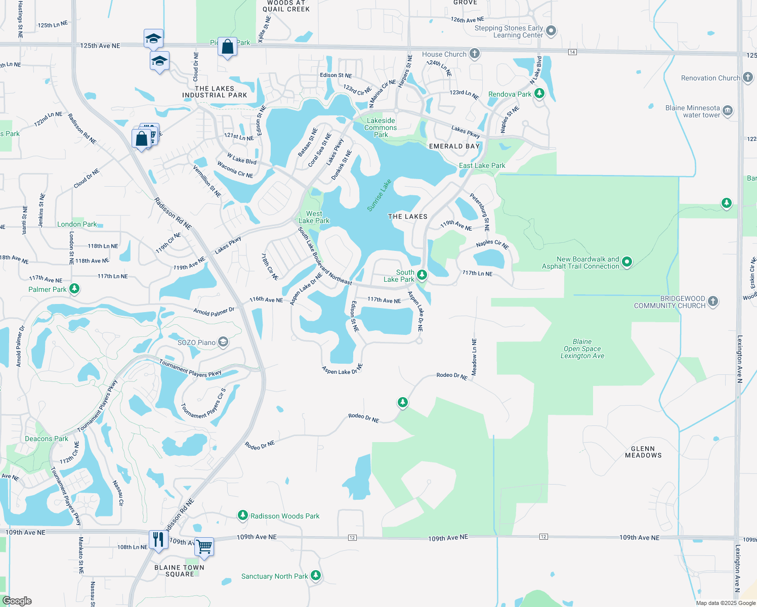 map of restaurants, bars, coffee shops, grocery stores, and more near 3016 117th Avenue Northeast in Blaine