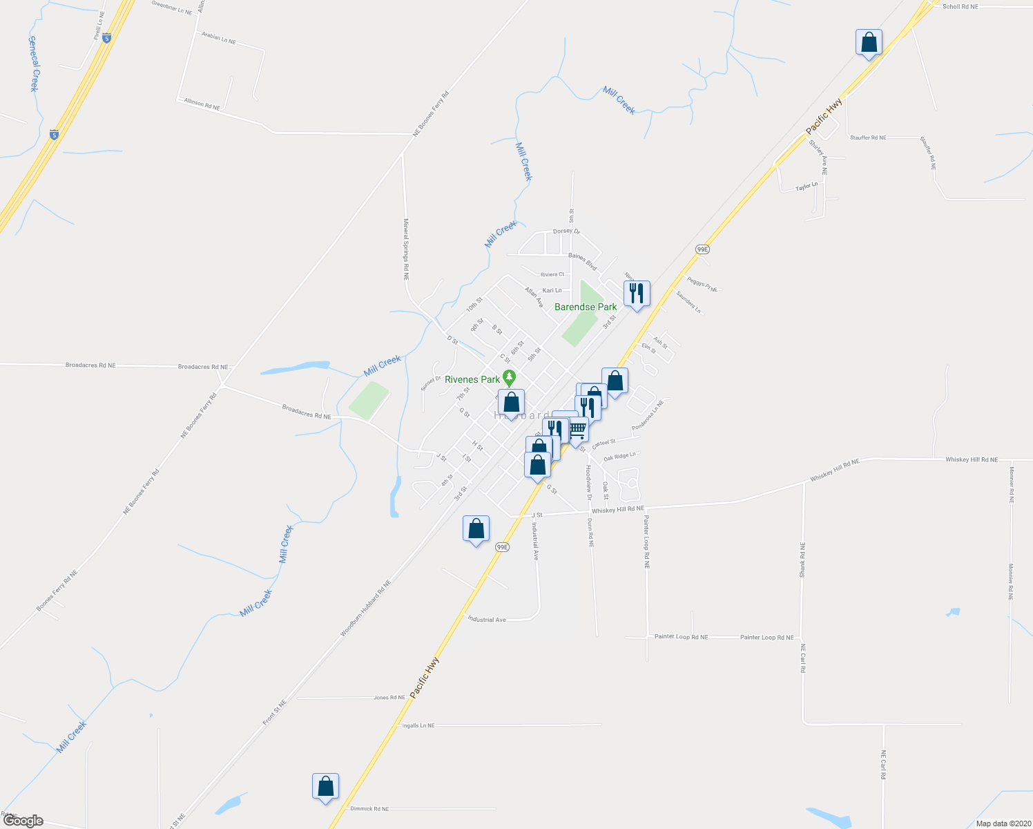 map of restaurants, bars, coffee shops, grocery stores, and more near E Street in Hubbard