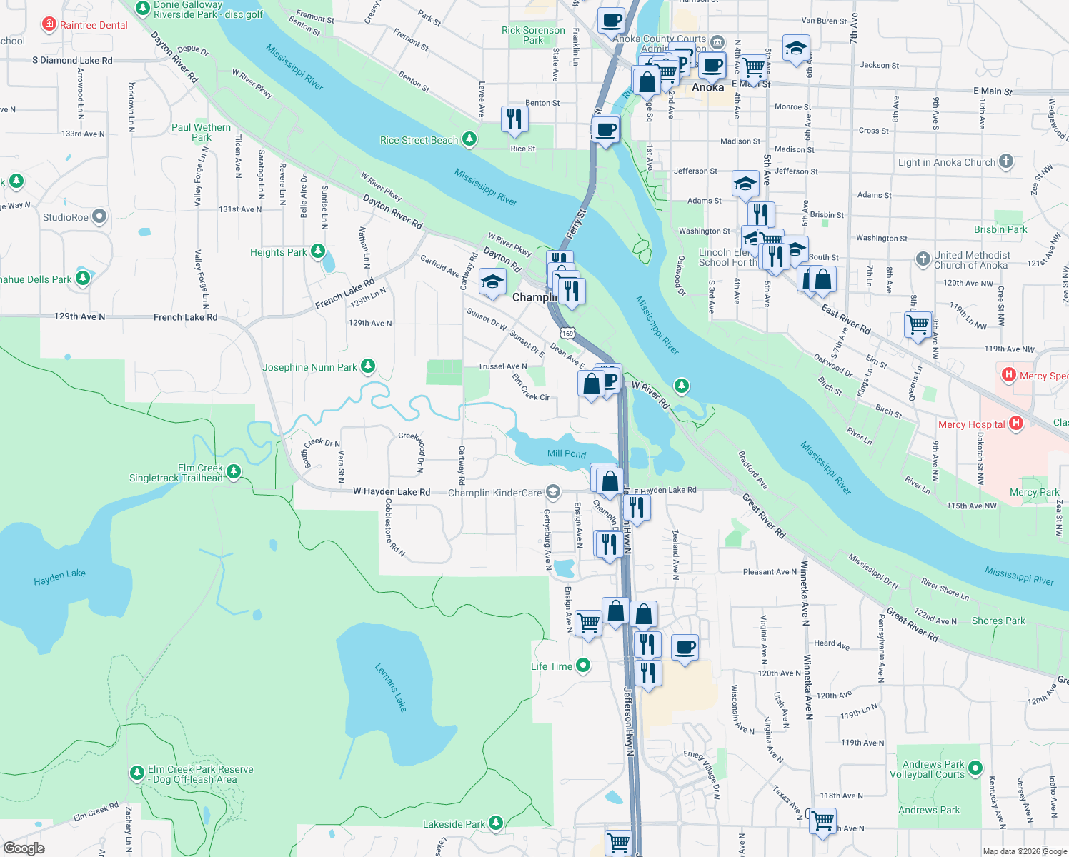 map of restaurants, bars, coffee shops, grocery stores, and more near 100 Lowell Road in Champlin