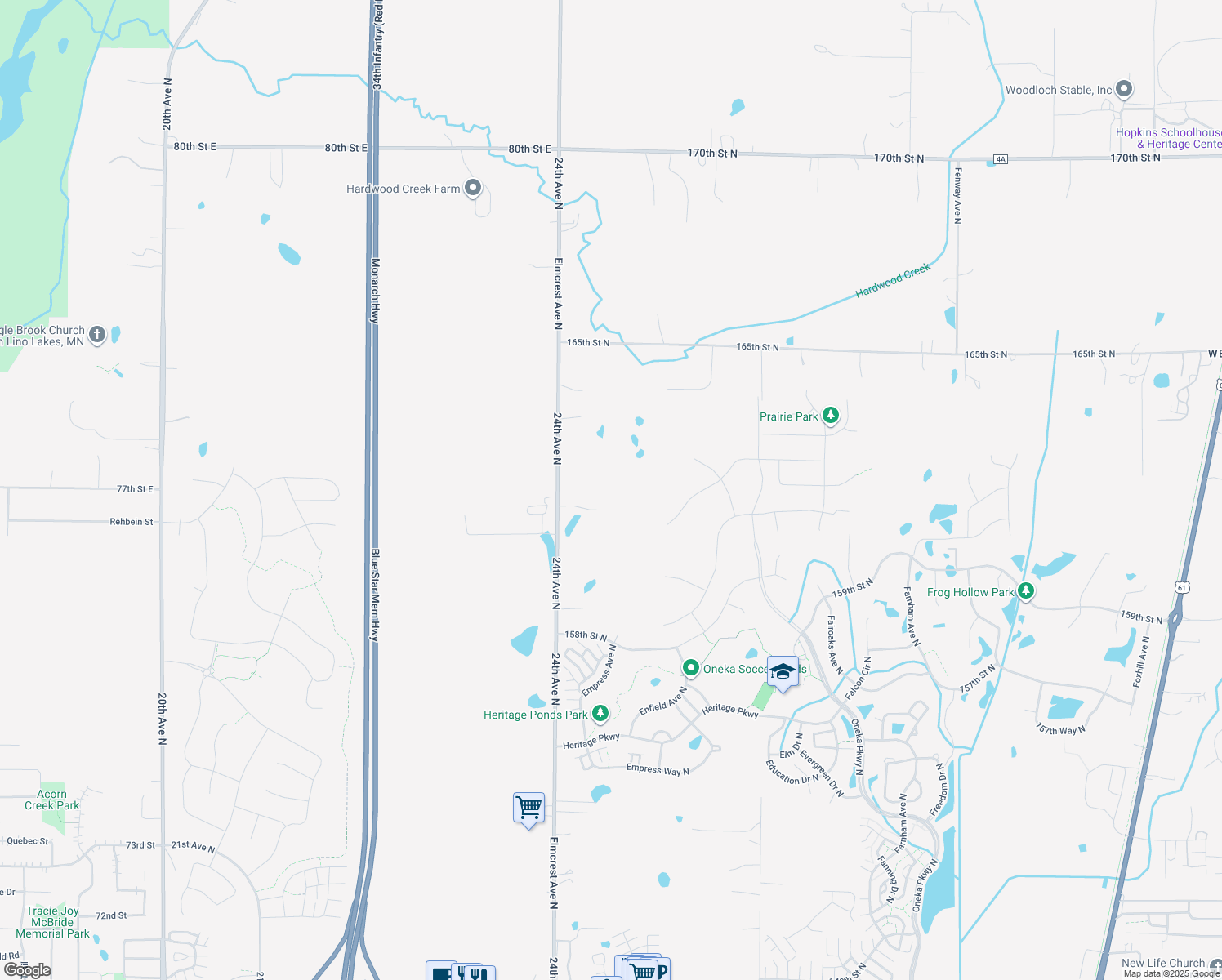 map of restaurants, bars, coffee shops, grocery stores, and more near 16075 Elmcrest Avenue North in Hugo