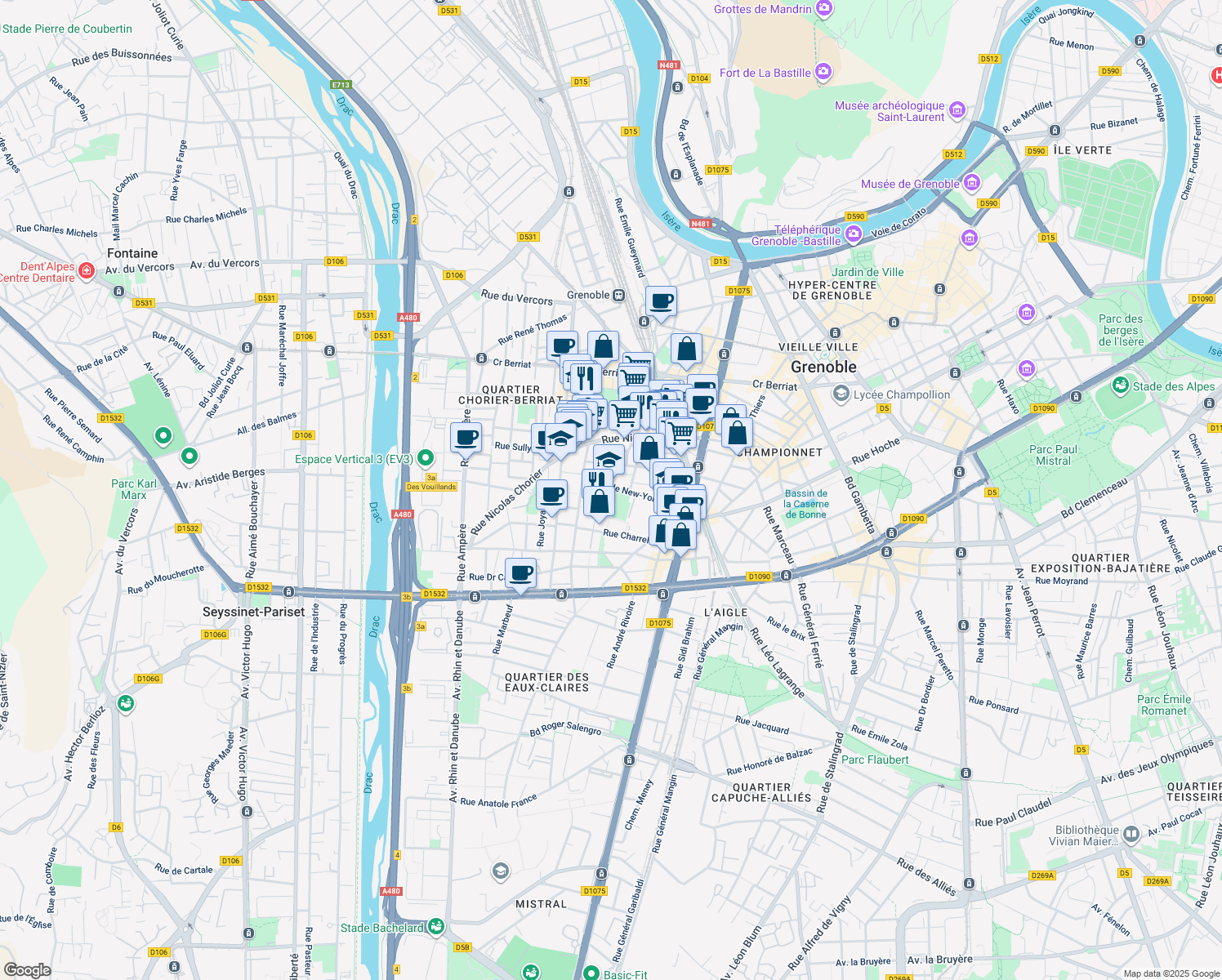 map of restaurants, bars, coffee shops, grocery stores, and more near 25 Rue de New-York in Grenoble