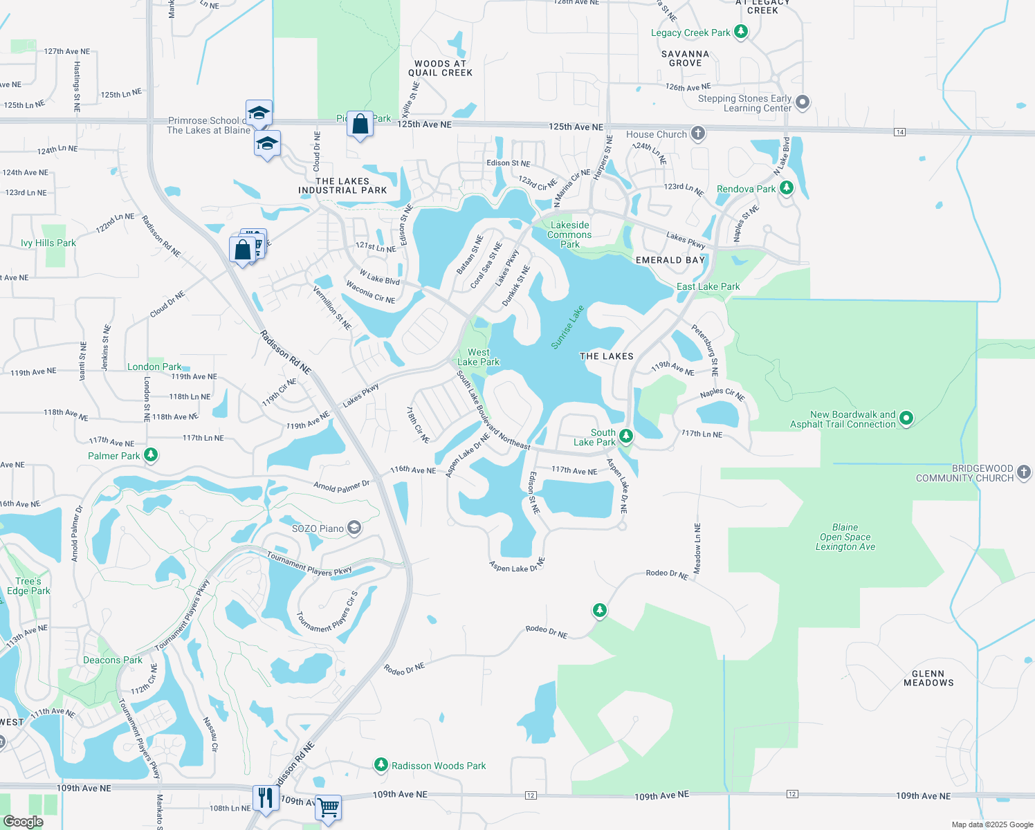 map of restaurants, bars, coffee shops, grocery stores, and more near 11887 Dunkirk Circle Northeast in Blaine