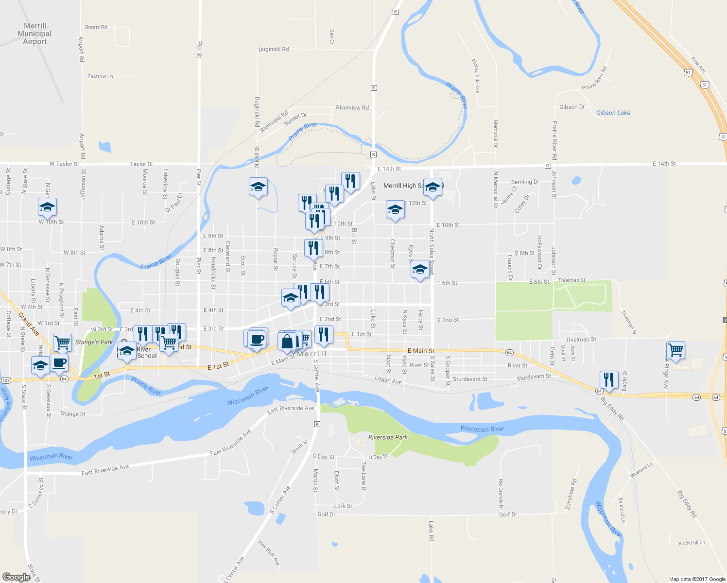 map of restaurants, bars, coffee shops, grocery stores, and more near 306 North Van Rensselaer Street in Merrill