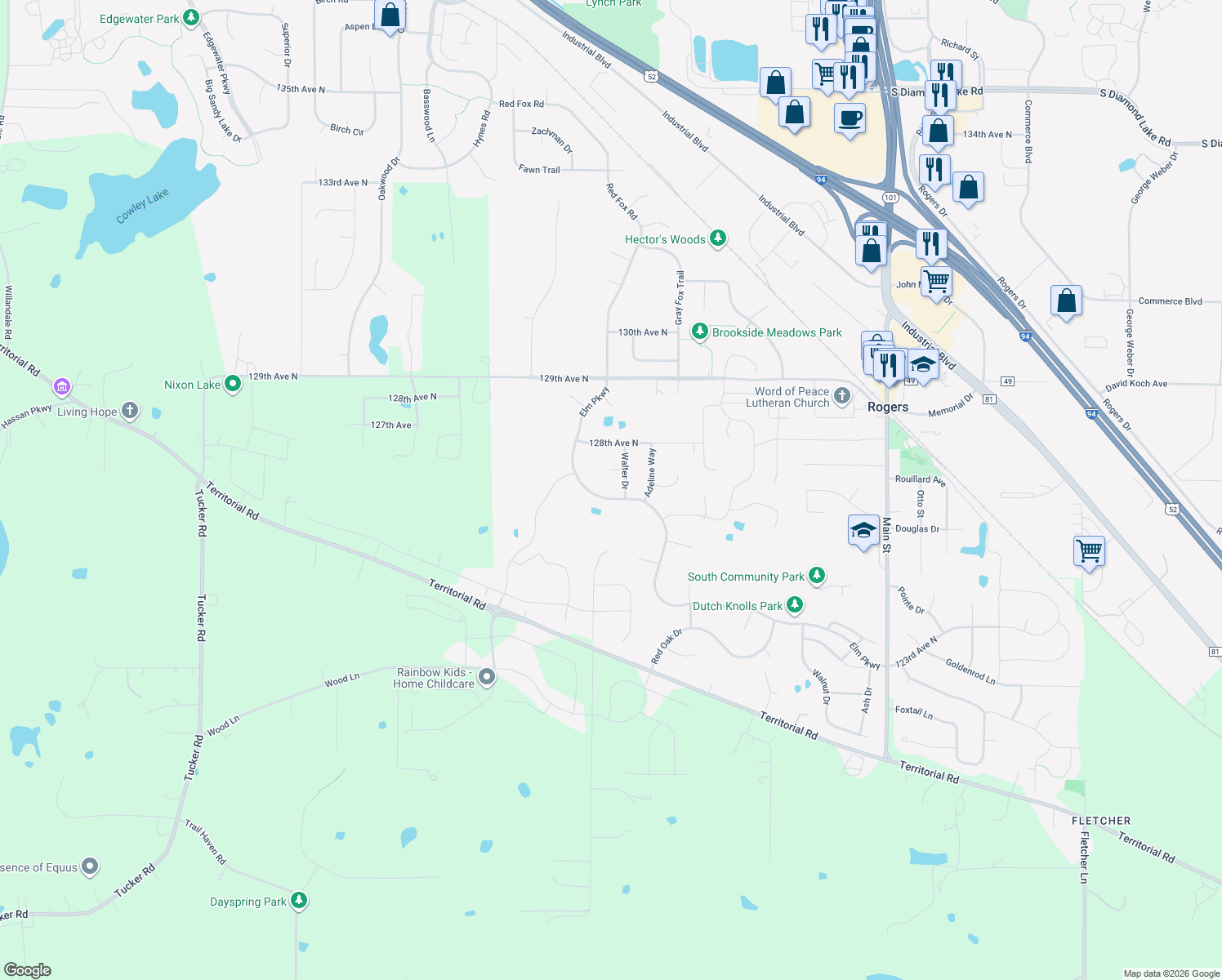 map of restaurants, bars, coffee shops, grocery stores, and more near 12652 Elm Parkway in Rogers