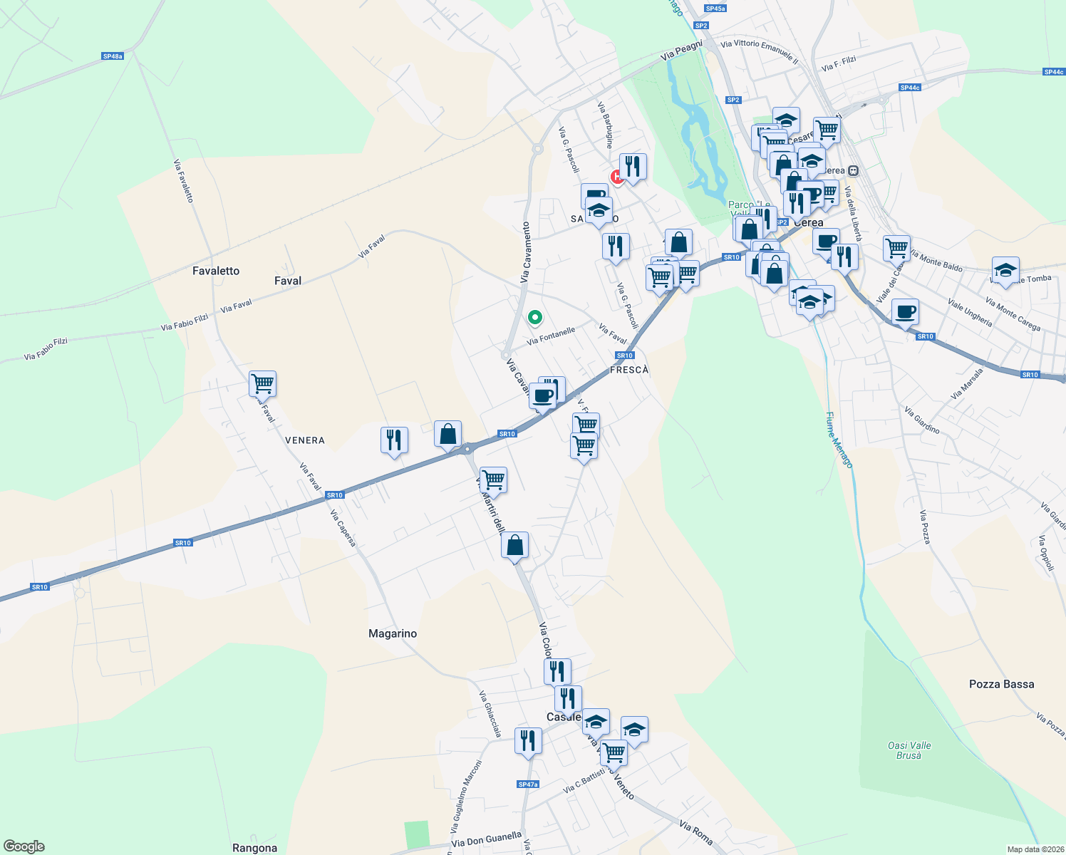 map of restaurants, bars, coffee shops, grocery stores, and more near 175 Strada Regionale 10 Padana Inferiore in Cerea